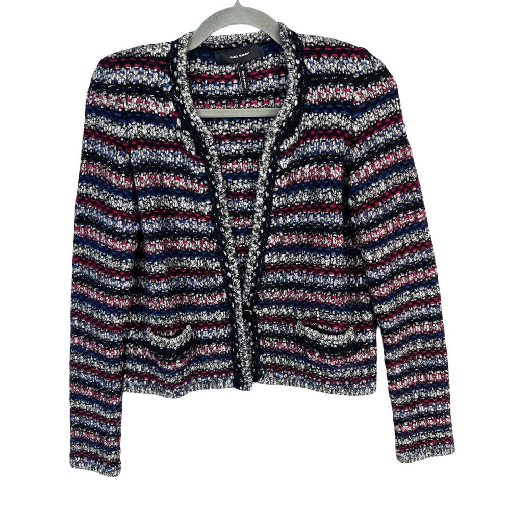 Isabel Marant Barte Bouclé Knit Crop Jacket FR 38 Black Blue Red Cardigan - Picture 3 of 10